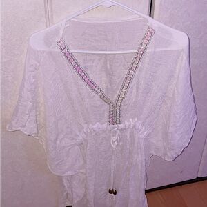 White Embellished V-Neck Swim Coverup